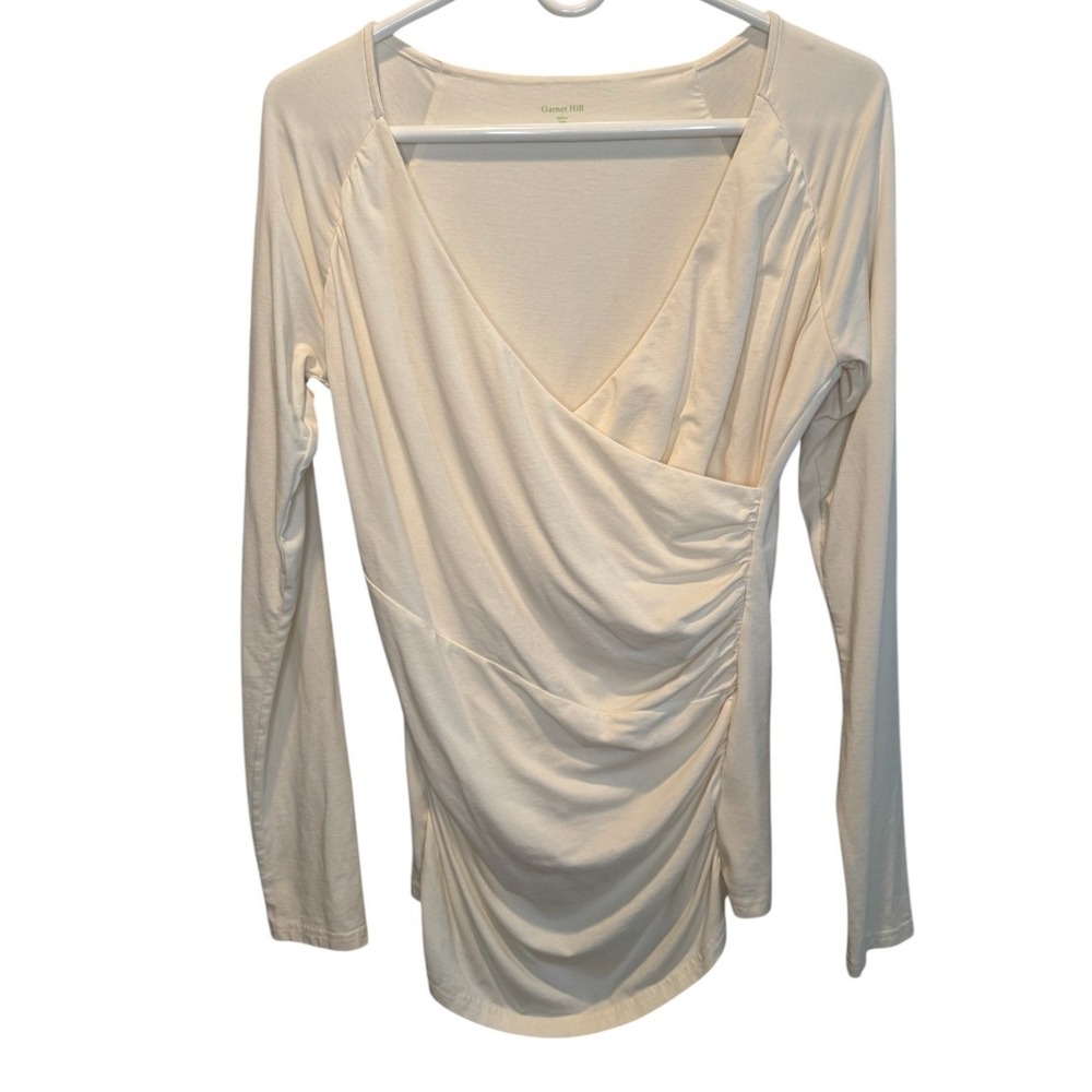 Garnet Hill Cream Ivory Faux Wrap Ruched Long Sleeve Knit Top Small Minimalist